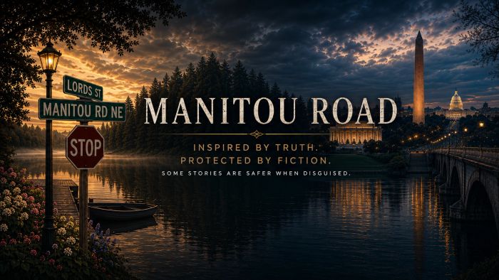 Manitou Road movie poster with street signs and scenic waterfront.