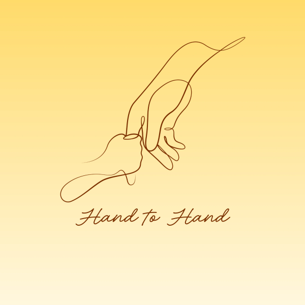 Line art of two hands holding with 'Hand to Hand' text.