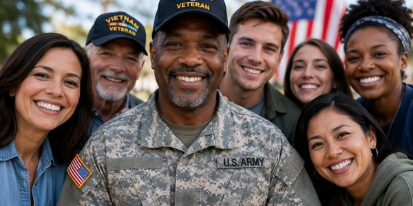 Smiling U.S. Army veteran surrounded by diverse friends outdoors.