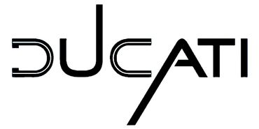Stylized black and white Ducati logo with artistic letter design.