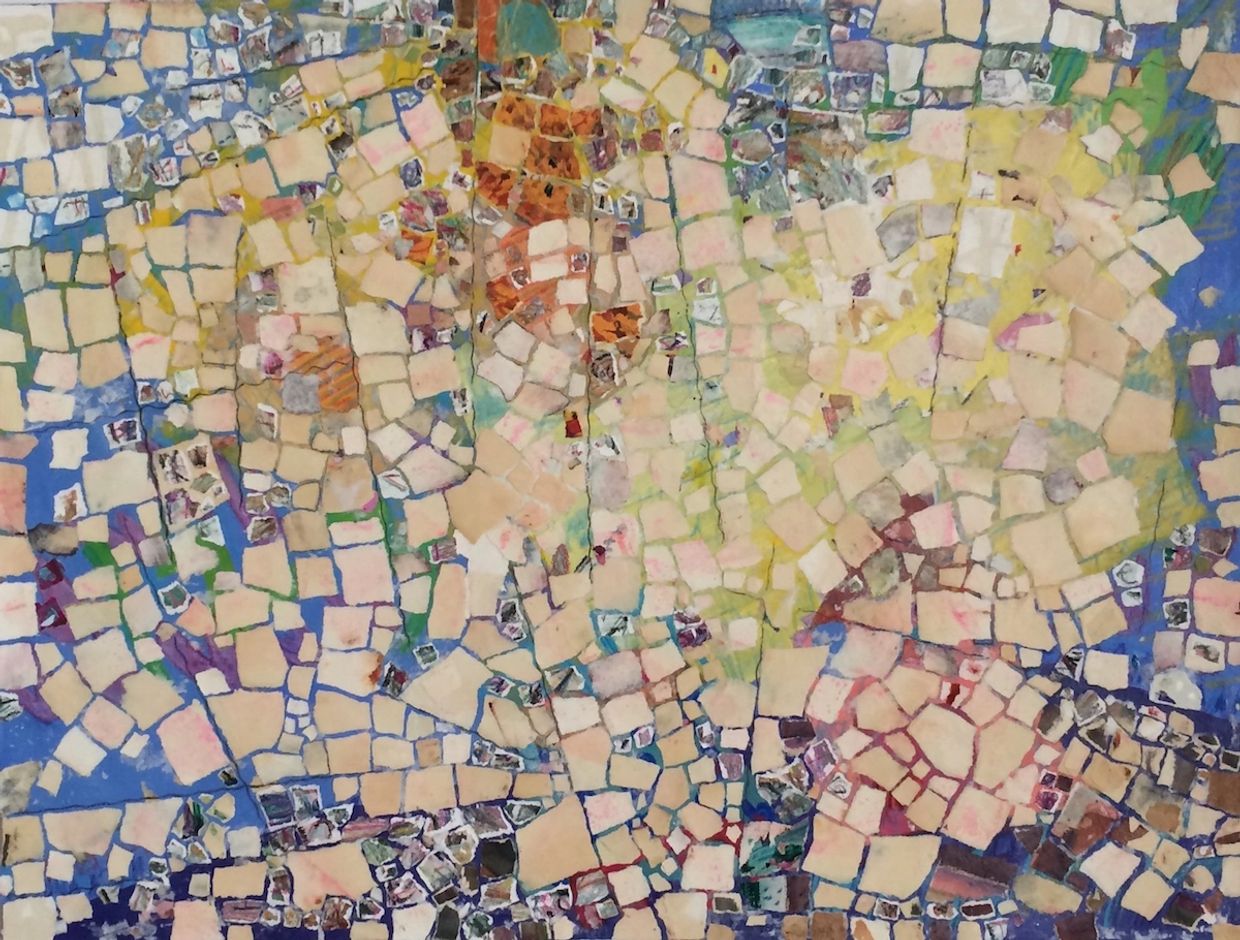 Abstract mosaic art with colorful, irregular square tiles creating a vibrant pattern.