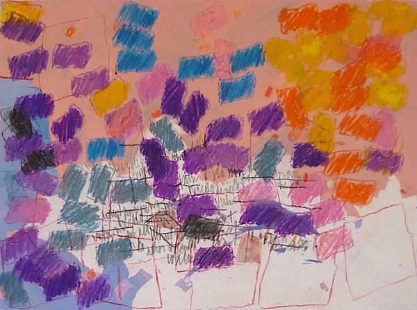 Abstract artwork with colorful rectangular patches and scribbled lines on a pink background.
