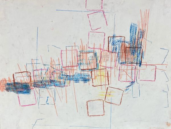 Abstract art with overlapping colored squares and lines on a white background.
