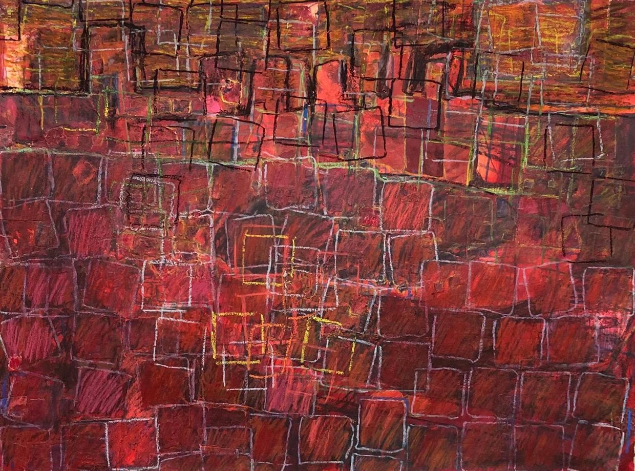 Abstract painting with layered red and brown squares and fine black and yellow outlines.