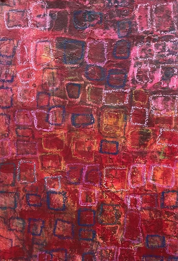 Abstract painting with overlapping colorful squares on a red background.