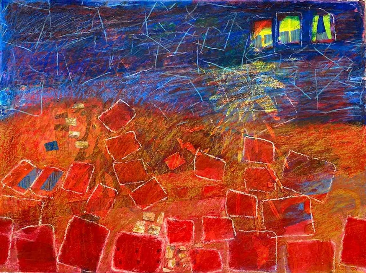 Abstract artwork with red squares and a blue background creating a vibrant contrast.