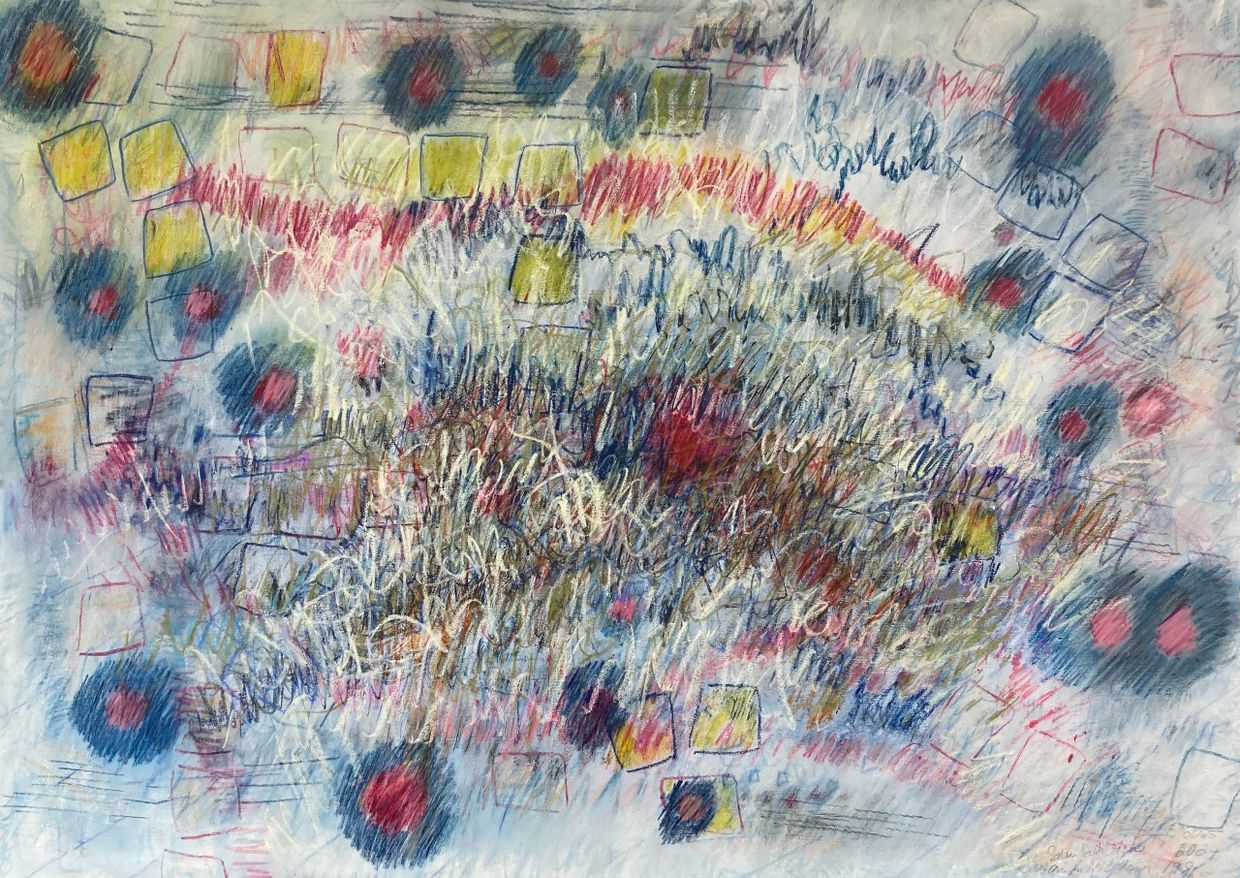 Abstract artwork with colorful scribbles, squares, and circular patterns.