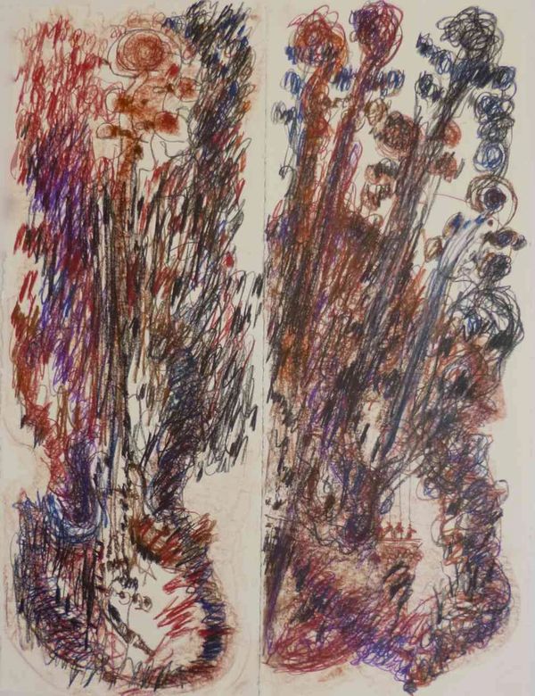 Abstract, colorful sketch resembling musical instruments, possibly violins or guitars.