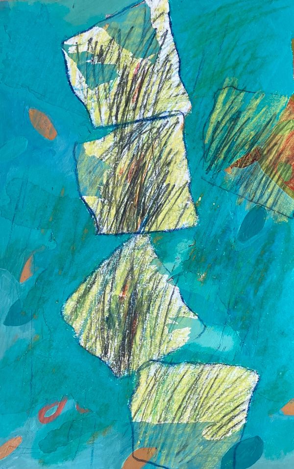 Abstract artwork with yellow shapes and black lines on a blue background.