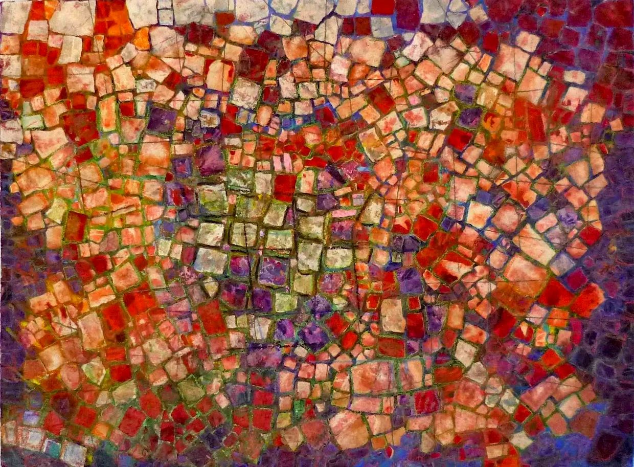 Colorful mosaic pattern with red, purple, green, and beige tiles.