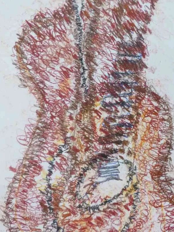 Abstract scribble art of an acoustic guitar in warm tones.