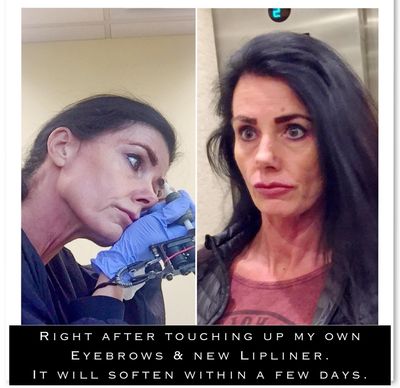 Jennifer Bassi tattooing her own eyebrows and eyeliner.