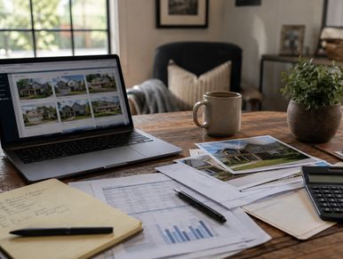 Real estate planning setup with laptop and documents.