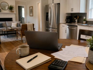 Home workspace setup with laptop, coffee, and documents on a wooden table.
