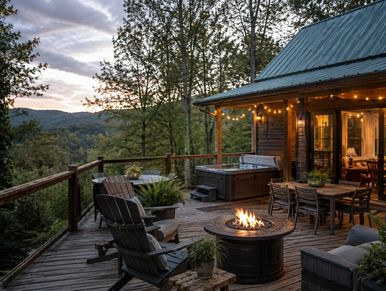 Cozy cabin deck with fire pit and hot tub at sunset.