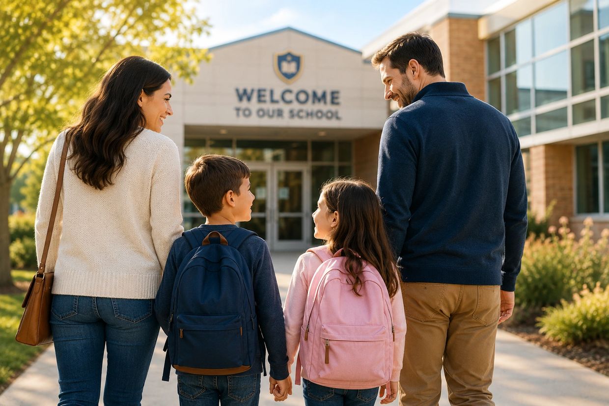 Parents walk children to school under a welcoming sign.