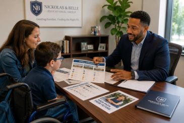 A professional advisor discusses options with a mother and her son in a wheelchair.