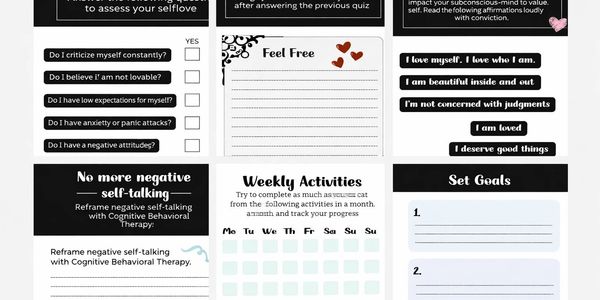 Self-love workbook with quiz, affirmations, goals, and therapy prompts.