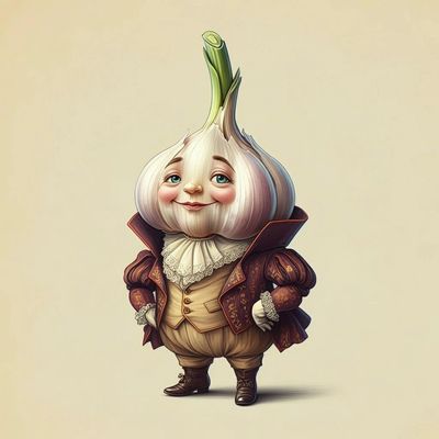 Anthropomorphic garlic character dressed in vintage attire.