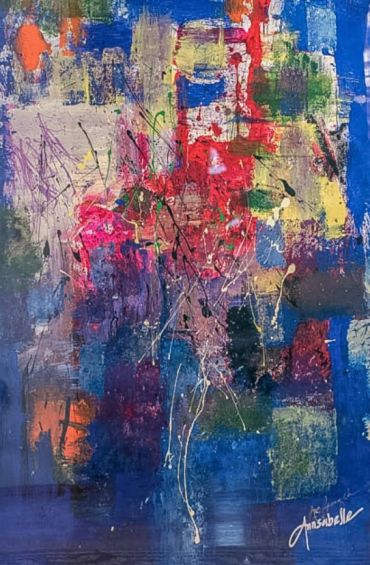 Colorful abstract painting with splashes and strokes of various hues.