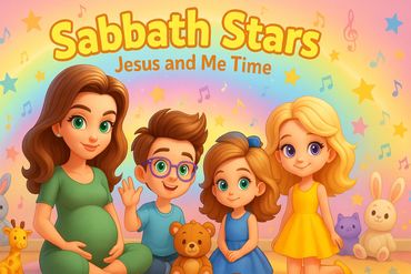 Animated family enjoying Sabbath Stars: Jesus and Me Time with toys and music.