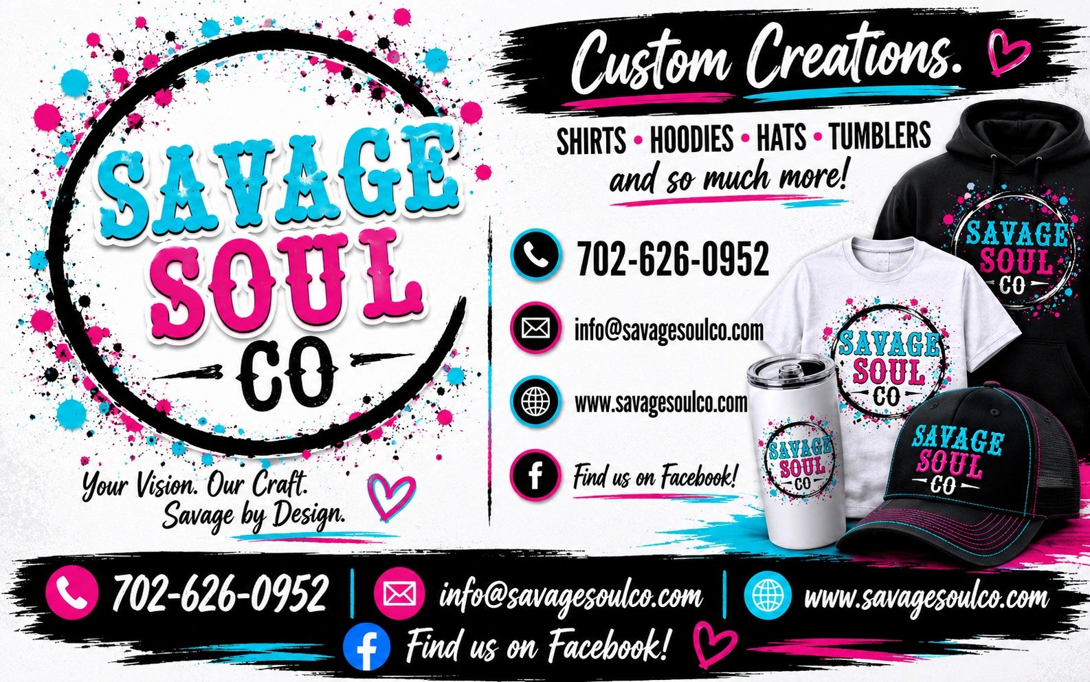 Savage Soul Co offers custom shirts, hoodies, hats, and tumblers with vibrant designs.