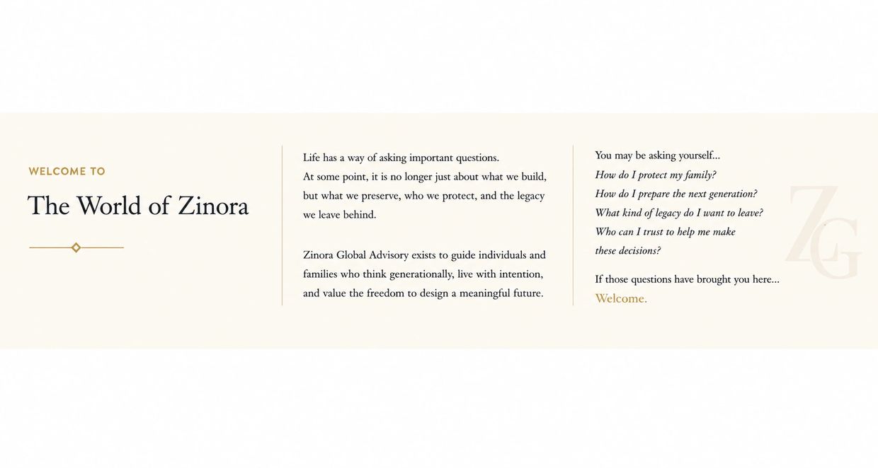 Welcome message for Zinora Global Advisory focused on preserving legacy and guiding meaningful futures.
