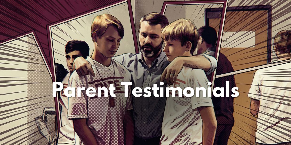 Father with two boys framed by comic-style panels, text 'Parent Testimonials'.