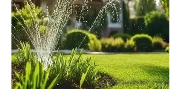 Sprinkler watering a lush green lawn in a sunny garden.