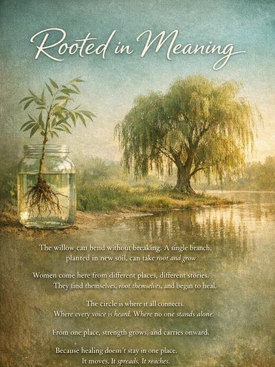 A willow tree and a branch in water symbolize growth and healing.