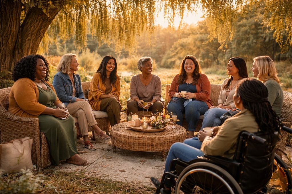 A diverse group of women enjoying a warm outdoor gathering under autumn trees.