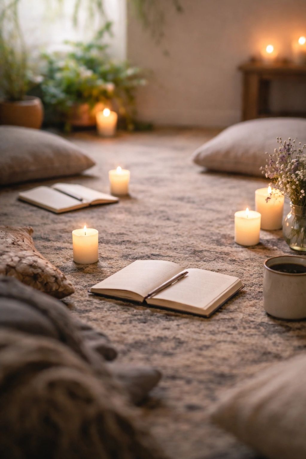 Cozy reading nook with candles, pillows, and warm lighting.
