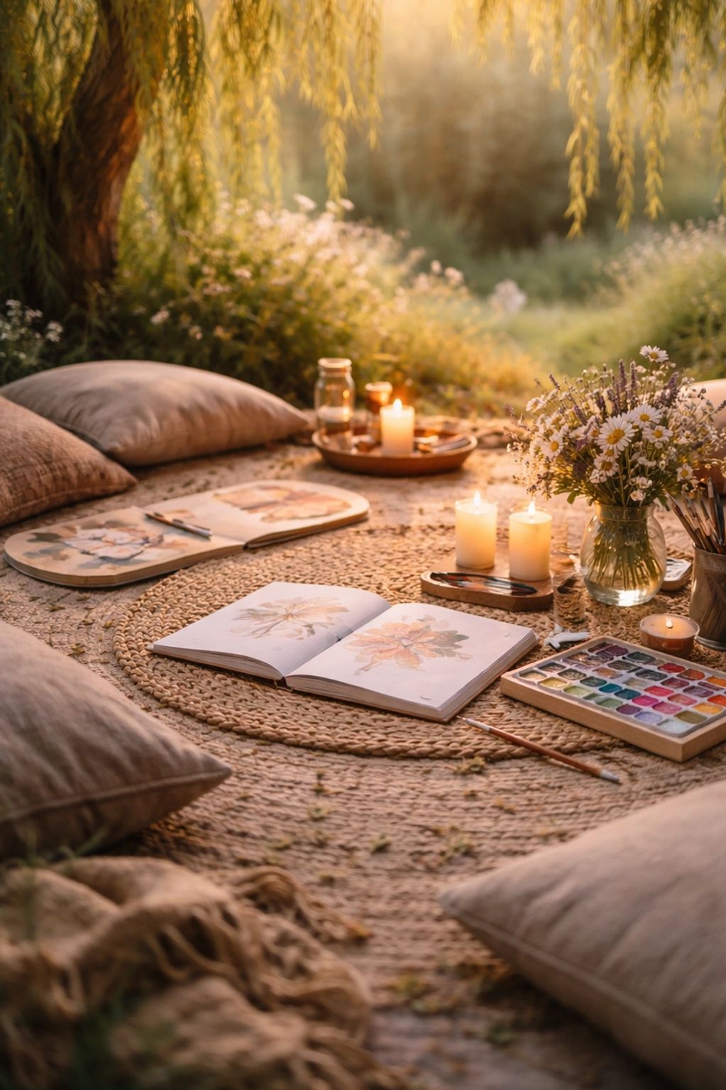 Cozy outdoor painting setup with candles, pillows, and flowers in warm golden light.