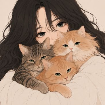 Young woman hugging three cats closely.