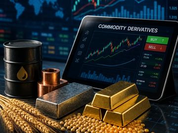 Tablet showing commodity derivatives with gold bars and other raw materials.
