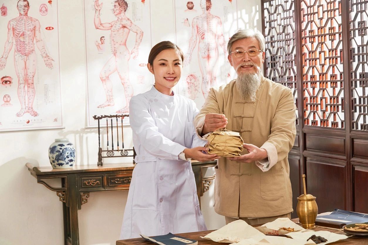 Older male and younger female Chinese Medicine doctors offering herb packets together.