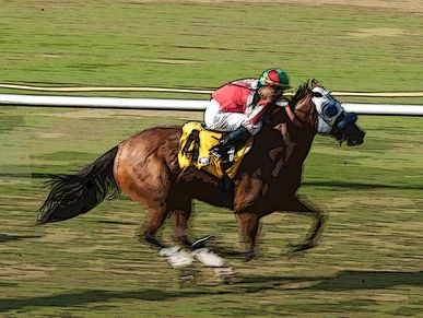 Horse racing with jockey in action.
