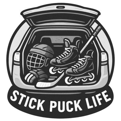 Hockey gear packed in a car trunk with the phrase Stick Puck Life.