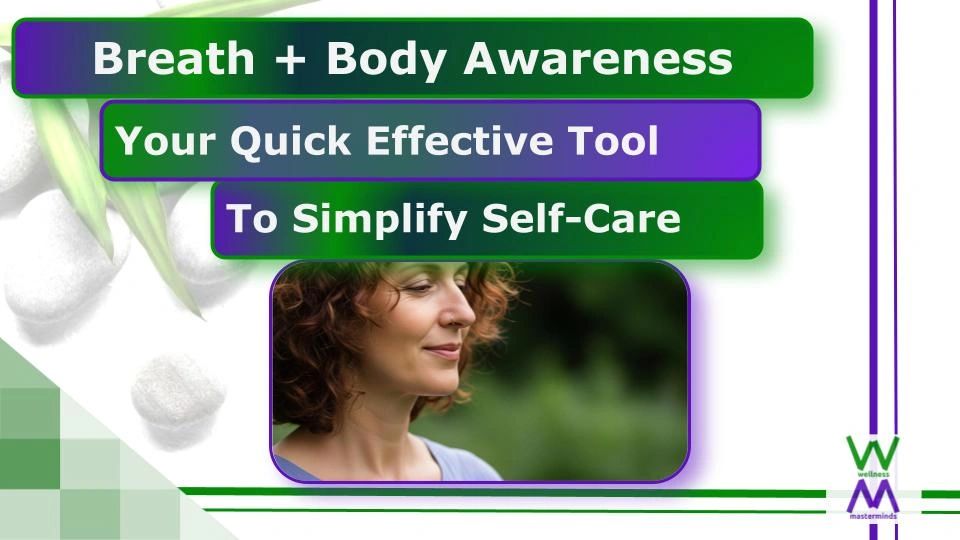 Woman smiling in a calm state with text breathing as your quick effective tool to simplify self-care