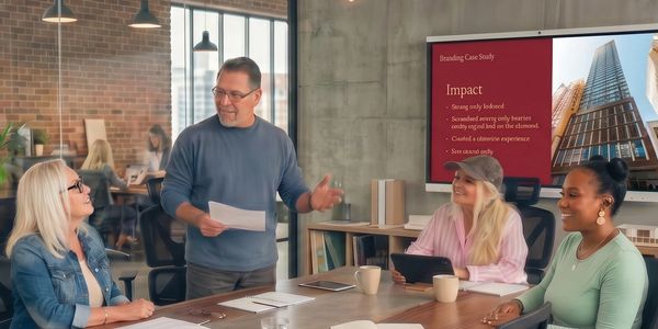 A business meeting with a man presenting to three women in a modern office.