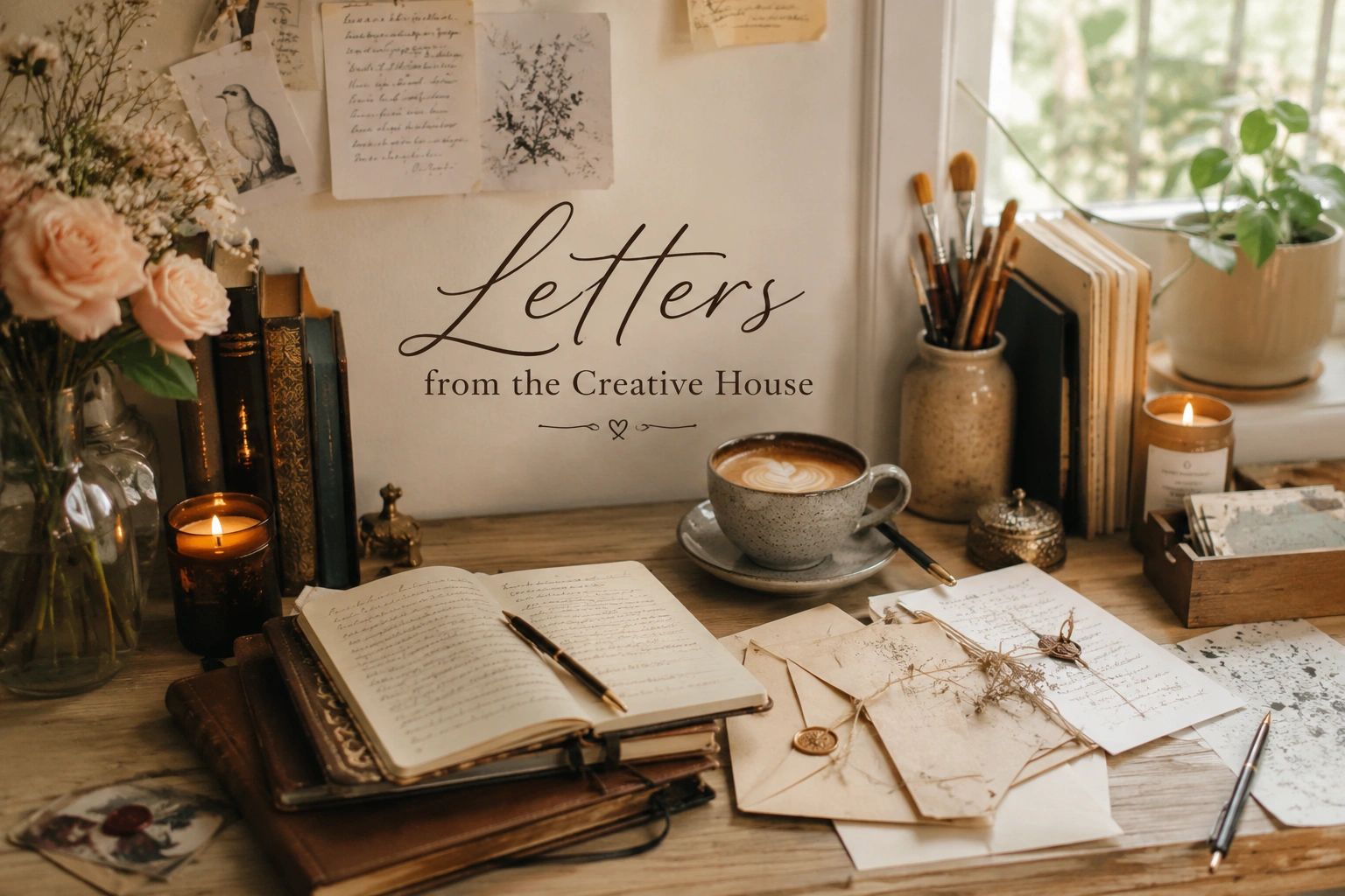 Cozy creative workspace with letters, books, coffee, and flowers.