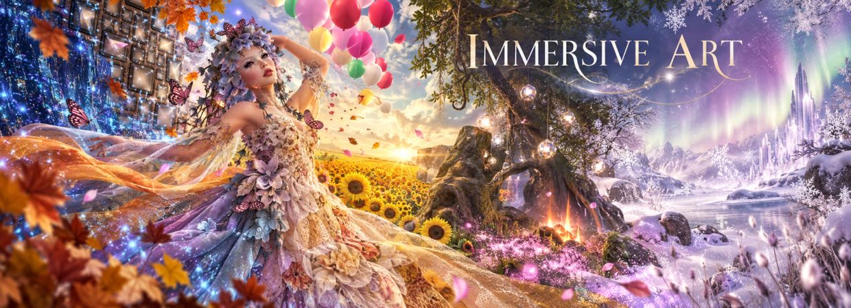 A magical scene blending seasons and a woman in floral attire.