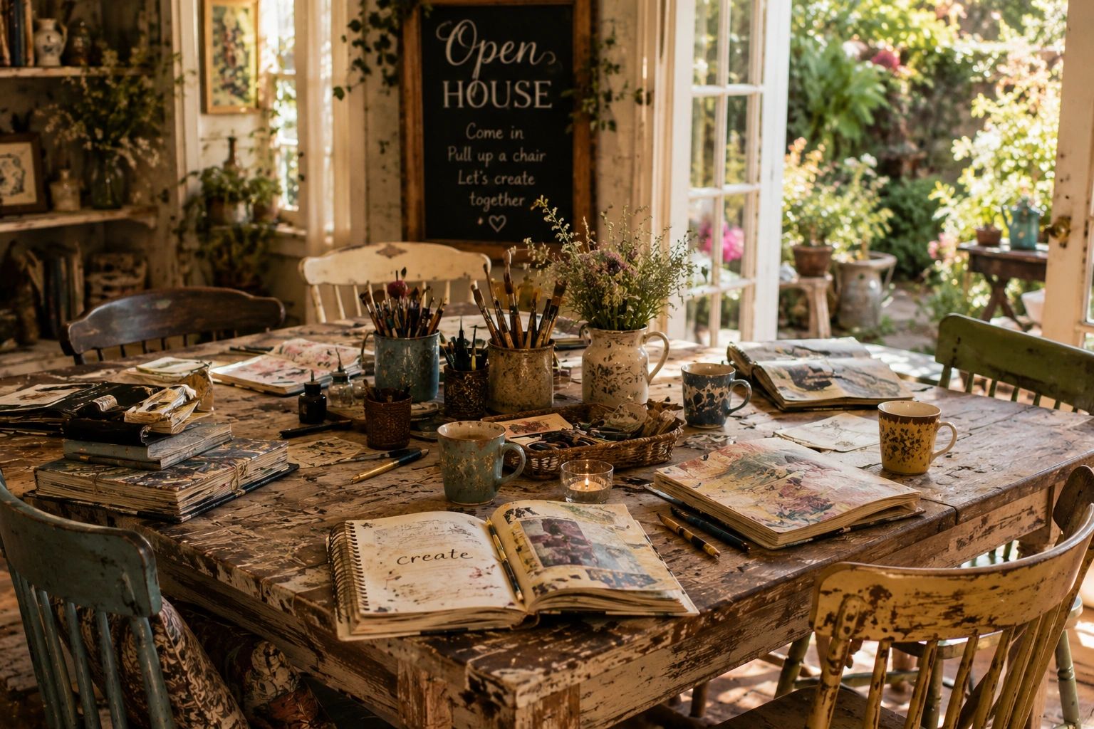 Cozy art studio with open books and brushes.