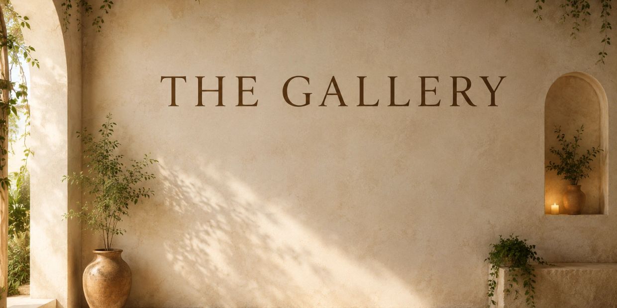 Text 'THE GALLERY' on a sunlit beige wall with plants.