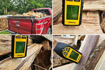 collage of firewood and moisture meter reading
