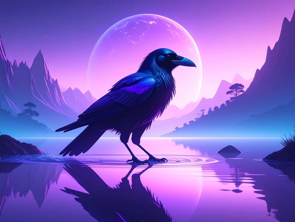 Poised in nature, a crow stands against cascading water with Earth rising in the backdrop.