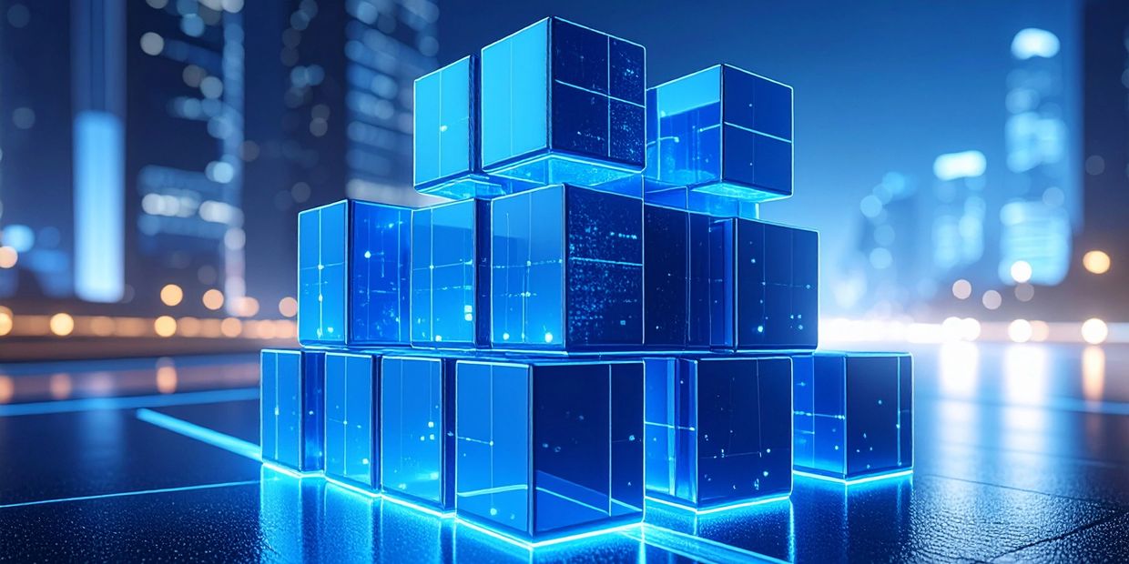 Blue-lit building blocks pulse with energy along the path, guided by a radiant skyline.