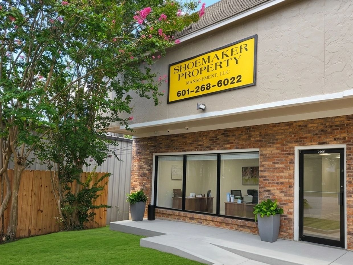 Property management office exterior with sign and greenery.