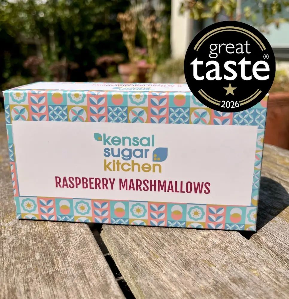 Box of Great Taste Award winning Raspberry marshmallows on a table