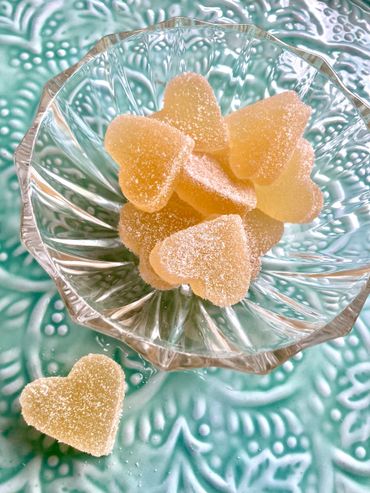 Heart shaped fruit jellies in a bowl